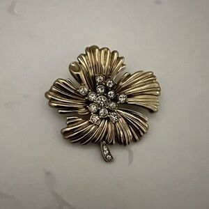 Vintage Gold Flower Brooch Pin with Rhinestones
